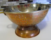 Copper clad colander with brass handles. 5 1 4 quot tall, 10 quot diameter. Copper kitchen collectibles, copper kitchen tools,Good, utensils