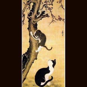 Korean_art-Byeon Sangbyeok-Myojakdo a Painting_of_Cats_and_Sparrows. Korean cats, antique animal art, cats & birds, 11x14" canvas print