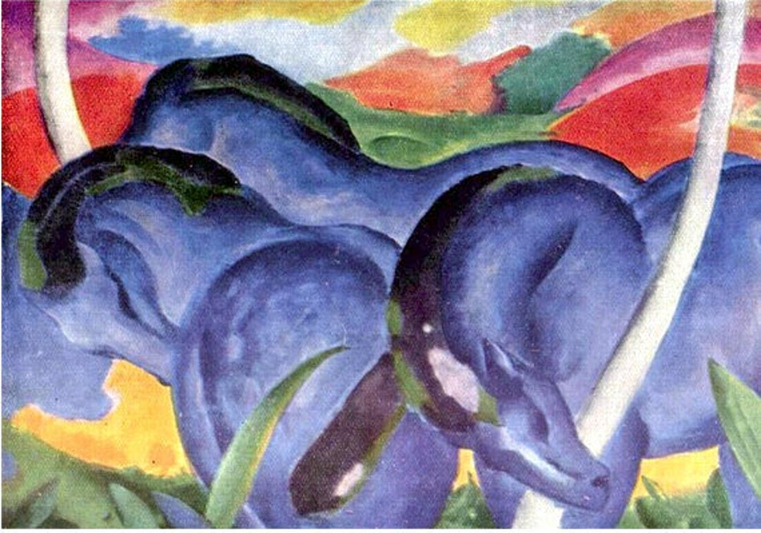 Franz Marc, Large Blue Horses, 1911. Fantasy, Abstract, Animals, Equine. German Expressionist