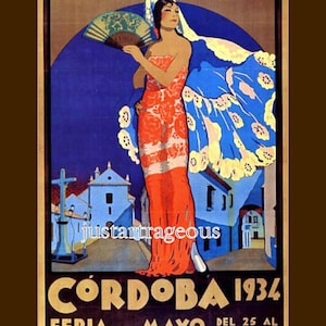 1934 CORDOBA SPAIN of a Flamenco Spanish dancer, mic century posters, vintage travel poster, tourism,  11 X 14”  canvas art print  travel