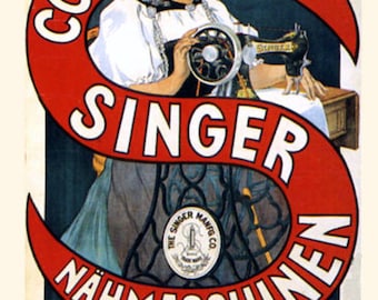 Vintage German Singer Sewing Machine Advertisement 1900, 8x10" Cotton Canvas Print, sewing room decor, vintage sewing art, sewing machine ad