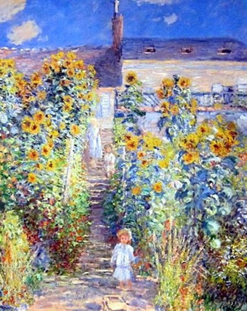 Little Girl on Path of Flowers Vintage Garden Art Floral Art Etsy