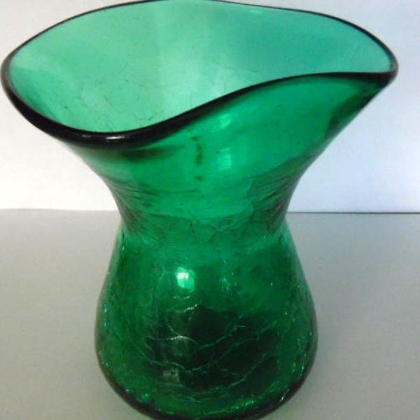 teal art glass vase,  teal green crackle glass, fluted top, vintage glass vase, vintage art glass , elegant glass, crackle glass