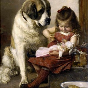 Paul Hermann Wagner - Best Friends, vóór 1837, St. Bernard-hond, meisje en hond, dierenkunst, antieke kunst, canvaskunst, huisdieren in de kunst