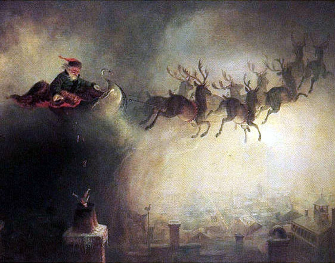 William Beard Santa Claus Dropping Gifts to Chimney Sleigh Etsy