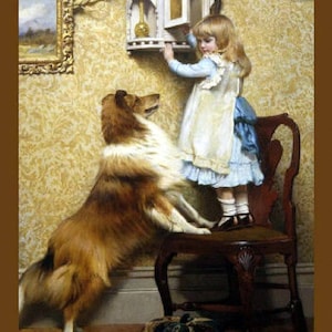 Secret Place, Charles Burton Barber, 1845-1894, Child, Dog, Pet, 8x10&quot; Cotton Canvas Print, girl collie dog, animal art, antique dog art