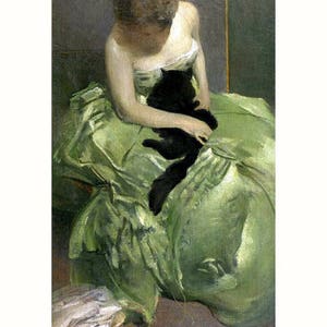 The Green Dress, John Alexander White, 1899, with Black Cat, redhead in green dress with black cat, animals in art, antique cat print, 8x10&quot;