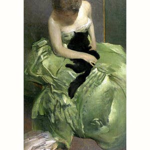 The Green Dress, John Alexander White, 1899, with Black Cat, redhead in green dress with black cat, animals in art, antique cat print, 8x10"