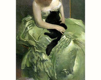 The Green Dress, John Alexander White, 1899, with Black Cat, redhead in green dress with black cat, animals in art, antique cat print, 8x10&quot;