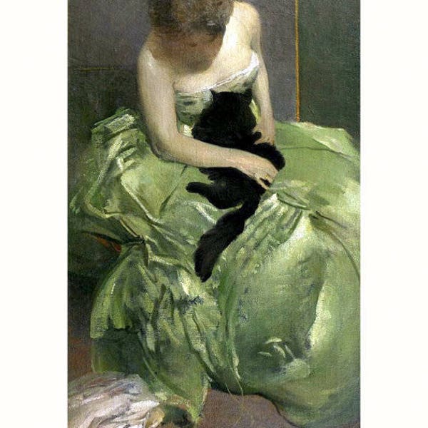 The Green Dress, John Alexander White, 1899, with Black Cat, redhead in green dress with black cat, animals in art, antique cat print, 8x10"