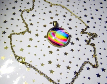 LGBT pendant, glass cabachon necklace with rainbow solar system, 25MM round with 18" brass chain, gay, lesbian jewelry