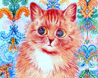 Louis Wain, Early 1900, Victorian cat art, Long hair orange cat w blue eyes, psychedelic cats kittens canvas art, 8x10&quot; canvas print