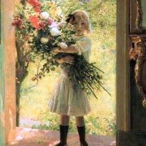 Jules-Alexis Muenier - From The Garden  France 1863- 1942, Little girl with huge bouquet,  11x14” canvas art print