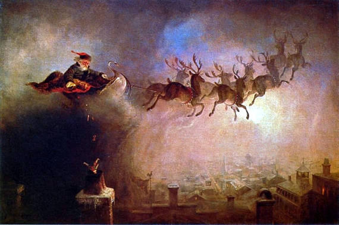 William Beard Santa Claus Dropping Gifts to Chimney Sleigh Etsy