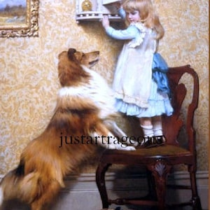 Secret Place, Charles Burton Barber, 1845-1894, Child, Dog, Pet, 8x10&quot; Cotton Canvas Print, girl collie dog, animal art, antique dog art