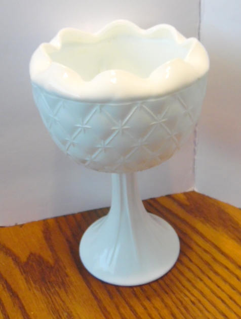 Vintage Mid Century Old Quilt Milk Glass Pedestal Candy Dish Bowl Serving 9 Tall Ruffled Edge Vg - Milk Glass Pedestal Bowl Vintage Mid Century Old Quilt Milk Glass Pedestal Candy Dish Bowl Serving 9 Tall Ruffled Edge Vg - Milk Glass Pedestal Bowl