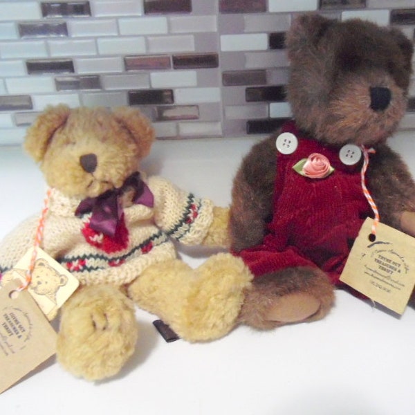 Pair Teddy bears,  Boyds Maddie bear, 11" in red corduroy suit with silk flower, & 9" Benny Bear in sweater