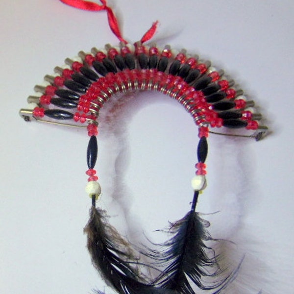 Vintage, hand made beaded headdress, rear view mirror charm.  It is hand-made, safety pins, beads feathers, Black, red & white beads, 5 1/4"