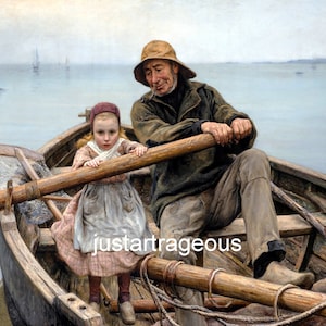 Helping Hand, 1881, Emile Renouf, Fisherman, Boating, Old fisherman,  canvas art, antique art print, 10x14&quot; Cotton Canvas Print