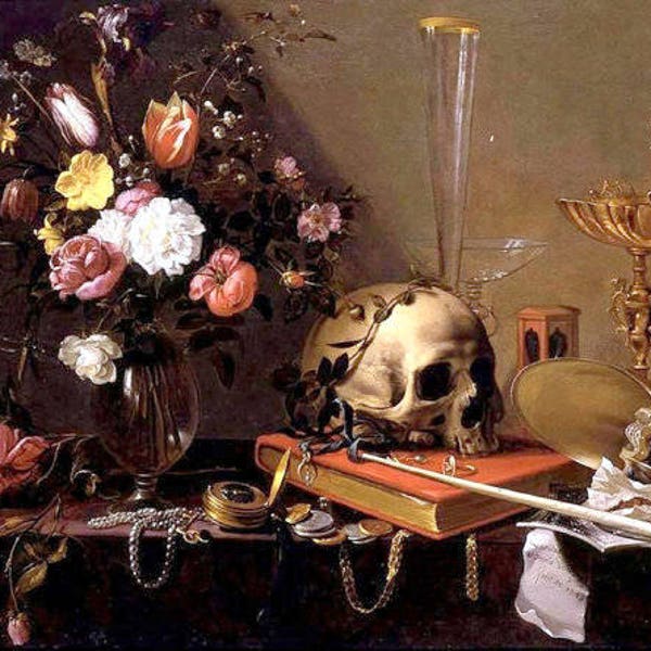 Adriaen van Utrecht, Vanitas: Still Life with Bouquet and Skull, c. 1642, antique gothic art, floral art print, 11x14" Cotton Canvas Print