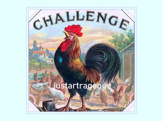 Challenge Label, Rooster, Farm, Chickens in the Background., vintage crate label, cafe decor, kitchen art print, 8x10" premium poster print