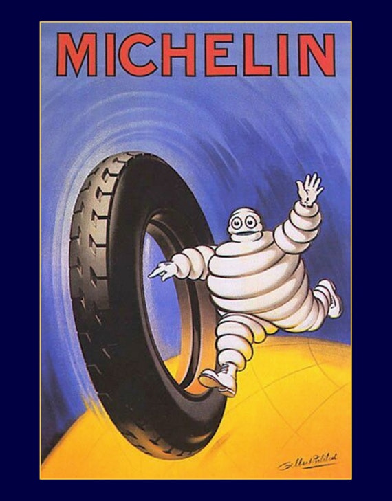 Michelin Man Running Alongside a Tire Advertisement 11x14 Premium