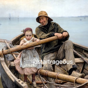 Helping Hand, 1881, Emile Renouf, Old Fisherman helping young girl to row the boat, seascapes, antique art prints, 8x10&quot; canvas art prints