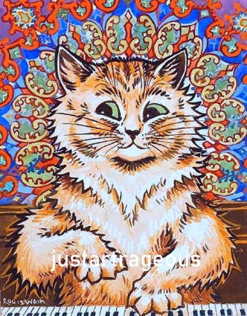 Louis Wain Early 1900 Victorian cat art Long hair yellow