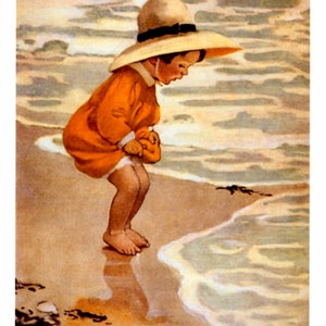 Sea Blossom by Jessie Wilcox Smith, female illustrator, childrens decor,  vintage illustrations, little girl dipping toes in sea, canvas art