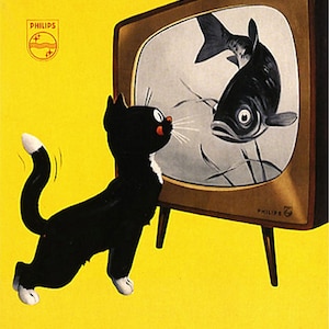 Vintage Phillips TV Advertisement,  Dutch, Cat Watching Fish, Vintage advertising,  11x14&quot; Cotton Canvas Print