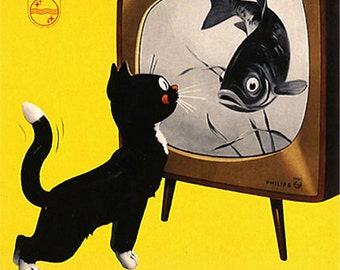 Vintage Phillips TV Advertisement,  Dutch, Cat Watching Fish, Vintage advertising,  11x14" Cotton Canvas Print