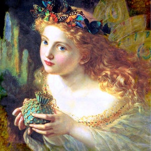 Sophie Anderson&#39;s The Fair Face of a Woman, Portrait of a fairy, 1969, butterflies, jewels,  red haired girl, antique art, canvas art print