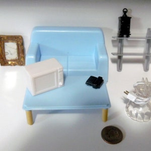 Set of vintage,plastic dollhouse  Living room furniture and accessories, furniture for dollhouse. 9 pc. couch, coffee table, wall shelf, TV