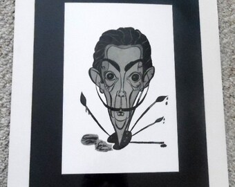 Matted and signed caricature of Salvadore Dali. Black and white lithograph, Dali portrait