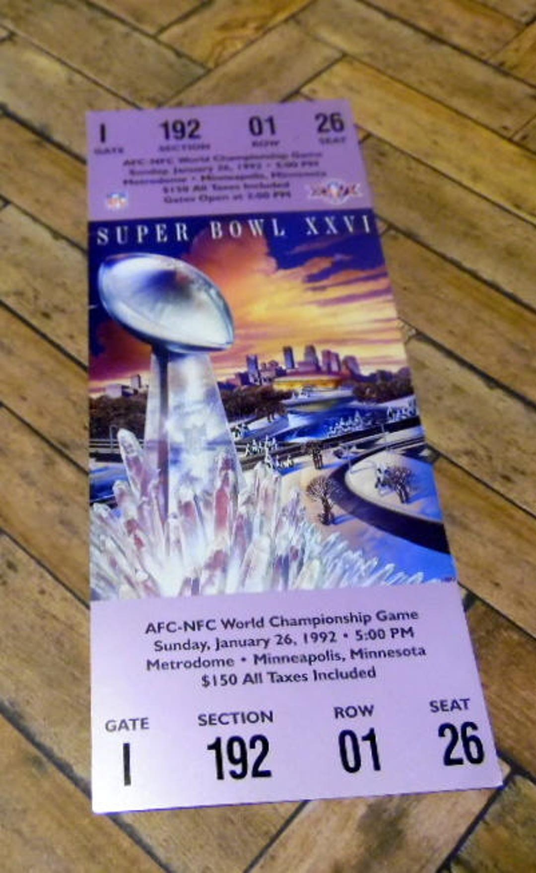 SUPER BOWL XXVI, 1992, Replica Ticket, Washington Vs. Buffalo Bills