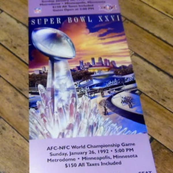 SUPER BOWL XXVI, 1992,  Replica ticket,  washington vs. buffalo bills, Circle K, Coca Cola, nfl Sports memorabilia,  Minneapolis, mn