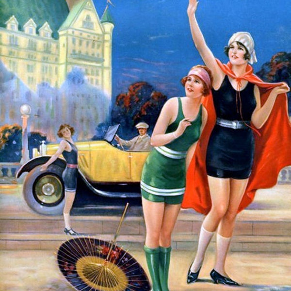 late-1920s-pin-up illustration by Charles relyea, art deco era swimsuits, resort art, old cars,  11 x 14”  premium Luster photo paper