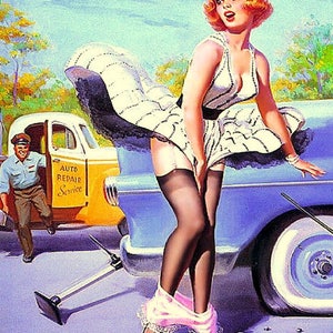 vintage pin up drops her panties, Pin up art, Tow truck driver, blonde pin up, whimsical pin up art, canvas art print image 2