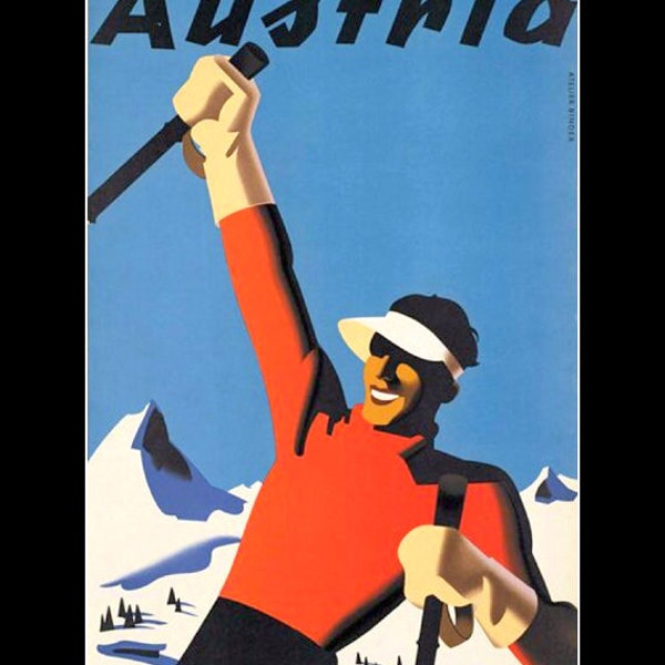 Austria vintage travel poster, tourism, skiing, winter sports, Austrian travel poster,  11 X 14”  canvas art print