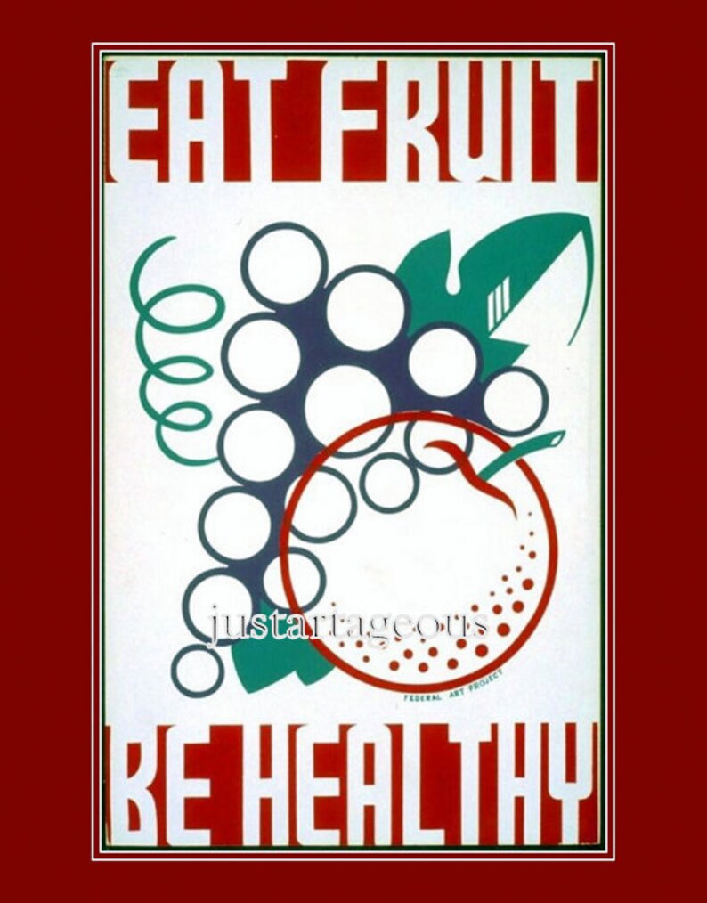 Art-Poster-WPA-Eat-Fruit-Be-Healthy. Health, Good Habits. 1930s health and safety, good nutrition, WPA posters, 11x14 canvas art print image 1