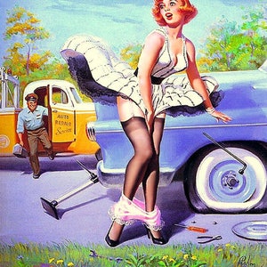 vintage pin up drops her panties, Pin up art, Tow truck driver, blonde pin up, whimsical pin up art, canvas art print image 1