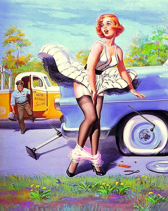 vintage pin up drops her panties, Pin up art, Tow truck driver, blonde pin  up, whimsical pin up art, canvas art print