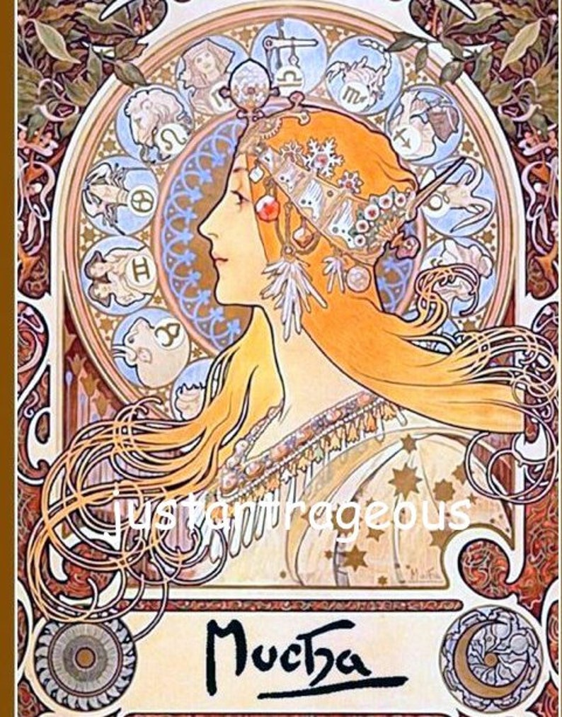 Zodiac Calendar La Plume 1897 Alphonse Mucha 8x10 Cotton Etsy