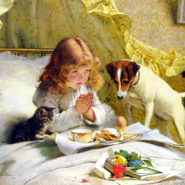 Charles Burton Barber, Suspense, 1894, girl and dog praying, terrier dog art, animal art, childs room decor, pets in art, antique art prints