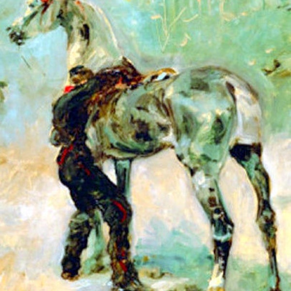 Henri De Toulouse-Artilleryman Saddling his horse, horses in battle, equine art, horses in art, antique art prints, French artists