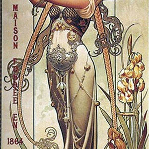 1864 glass champagne, theophile roeder maison girl, art nouveau woman, Mucha style art, antique art prints,  5.6x12.7" canvas art print