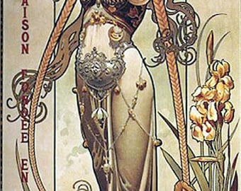 1864 glass champagne, theophile roeder maison girl, art nouveau woman, Mucha style art, antique art prints,  5.6x12.7" canvas art print