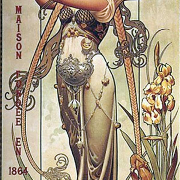 1864 glass champagne, theophile roeder maison girl, art nouveau woman, Mucha style art, antique art prints,  5.6x12.7" canvas art print