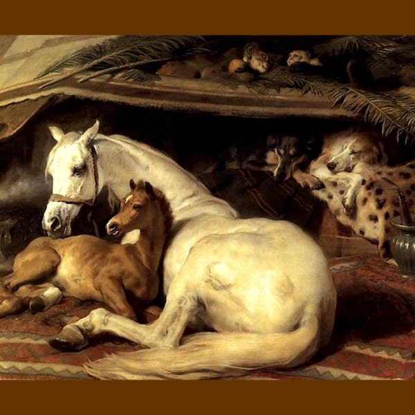 11x14" Cotton Canvas Print, Edwin Landseer, The Arab Tent, 1866, Perisan Greyhounds, Monkeys, Mare, Foal