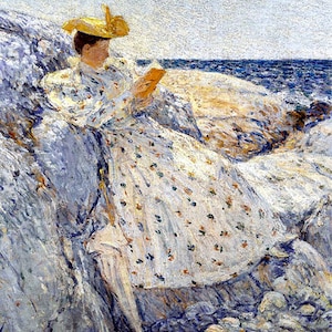 Childe Hassam, Summer Sunlight, Isles of Sholas, 1892, antique Seascape, lady in blue, female portrait,  11x14&quot; canvas art print